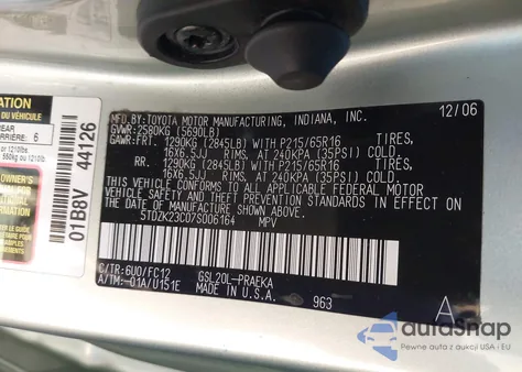 2007 Toyota Sienna Le z USA, uszkodzony, nr VIN 5TDZK23C07S006164